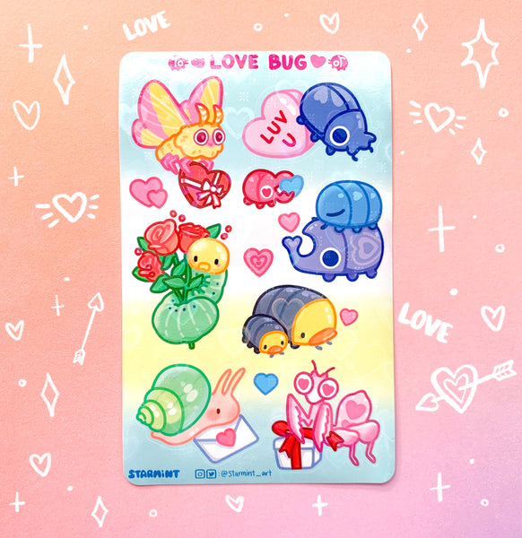 Love Bugs Heart Holographic Waterproof Sticker Sheet