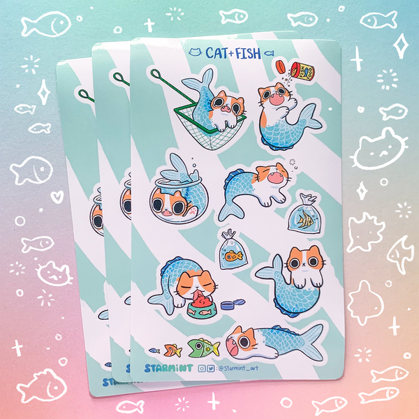 Cat + Fish Waterproof Sticker Sheet