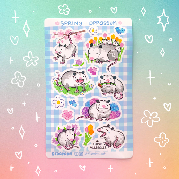 Spring Opossum Glossy Waterproof Sticker Sheet