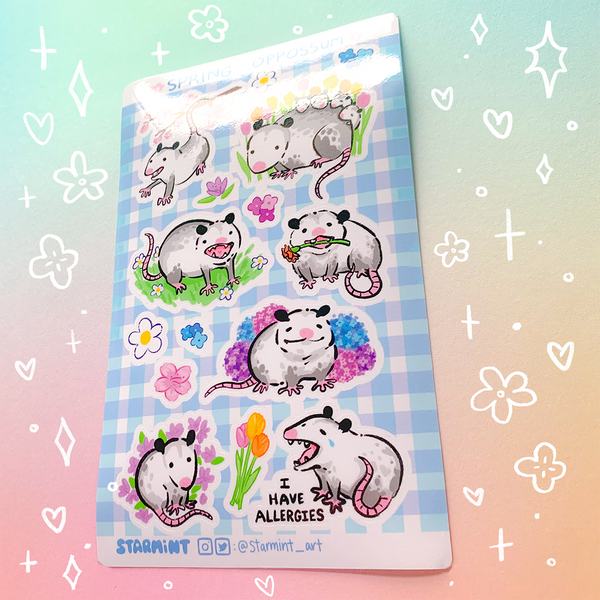 Spring Opossum Glossy Waterproof Sticker Sheet