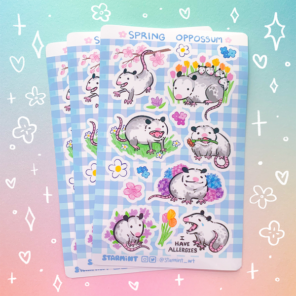 Spring Opossum Glossy Waterproof Sticker Sheet