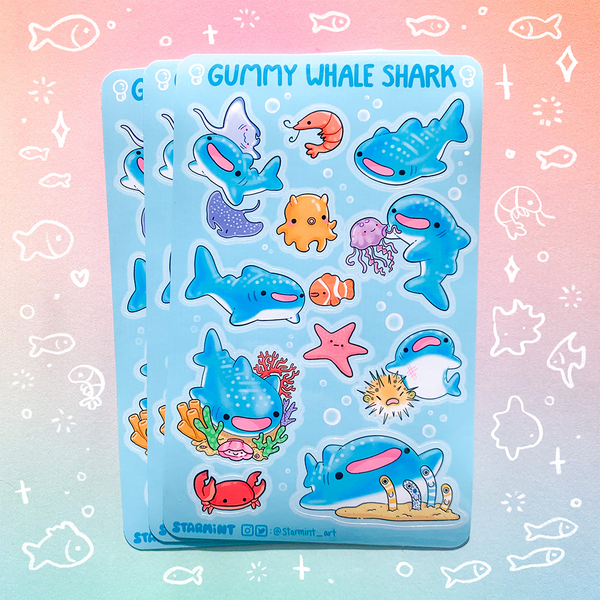 Gummy Whale Shark Waterproof Glossy/Holo Sticker Sheet
