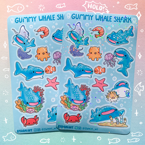 Gummy Whale Shark Waterproof Glossy/Holo Sticker Sheet