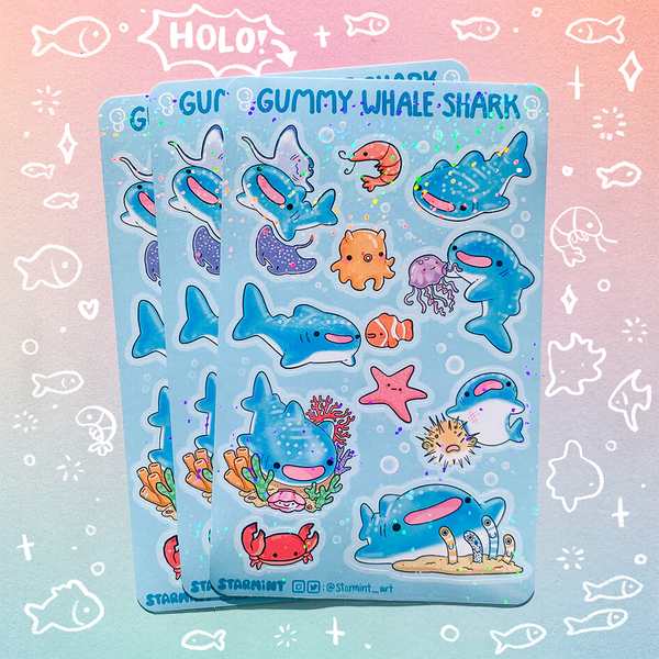 Gummy Whale Shark Waterproof Glossy/Holo Sticker Sheet
