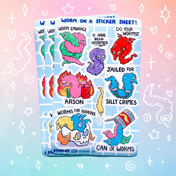 Worm on a String Waterproof Glossy/Holo Sticker Sheet