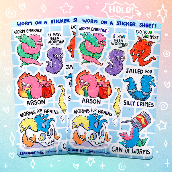 Worm on a String Waterproof Glossy/Holo Sticker Sheet