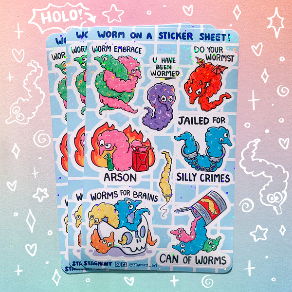 Worm on a String Waterproof Glossy/Holo Sticker Sheet