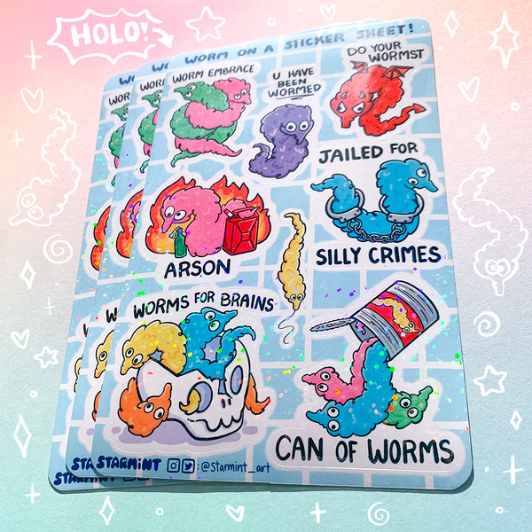 Worm on a String Waterproof Glossy/Holo Sticker Sheet