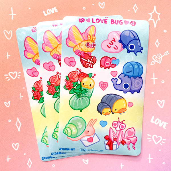 Love Bugs Heart Holographic Waterproof Sticker Sheet