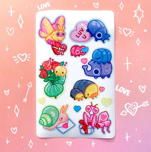 Love Bugs Heart Holographic Waterproof Sticker Sheet