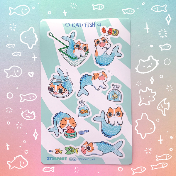 Cat + Fish Waterproof Sticker Sheet
