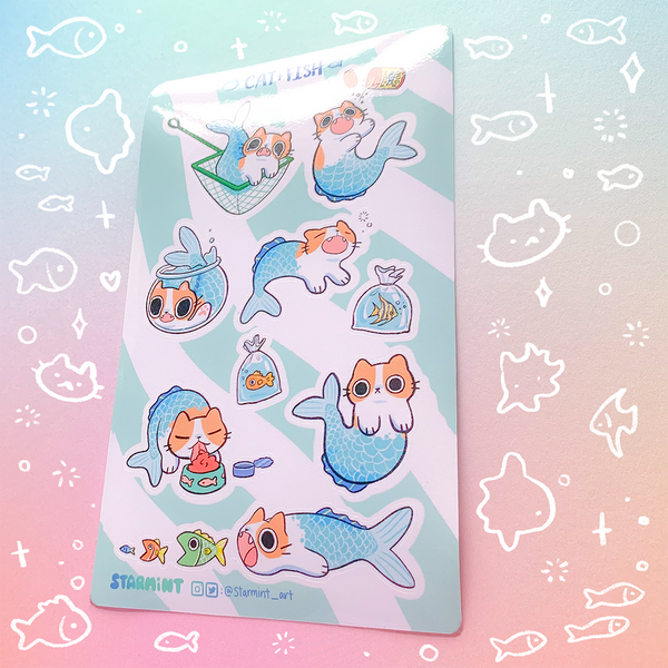 Cat + Fish Waterproof Sticker Sheet
