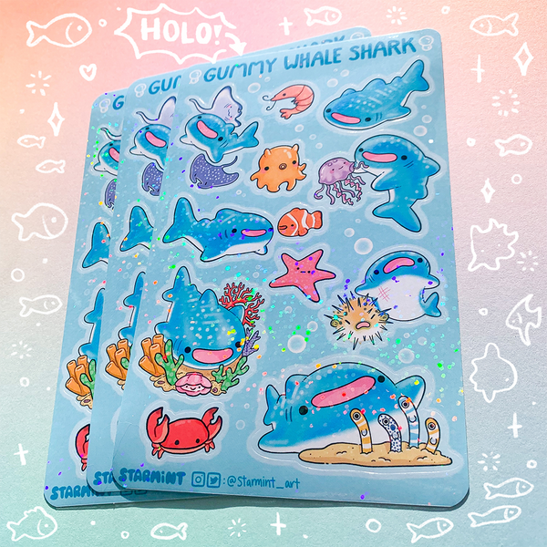 Gummy Whale Shark Waterproof Glossy/Holo Sticker Sheet