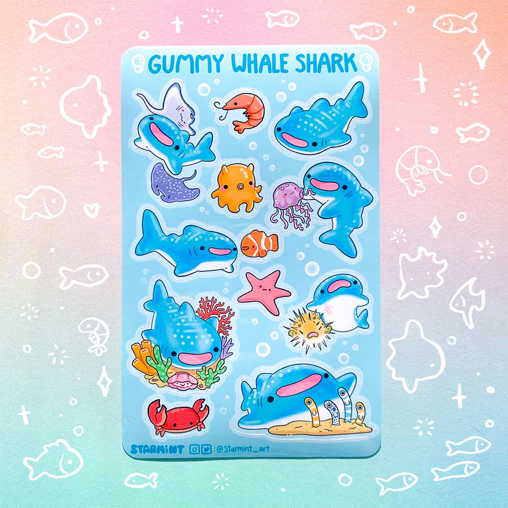 Gummy Whale Shark Waterproof Glossy/Holo Sticker Sheet – Starmint Art