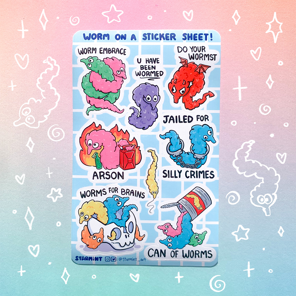 Wormrid Sticker Worm on a String Waterproof Glossy/Holo Sticker Sheet – Starmint Art