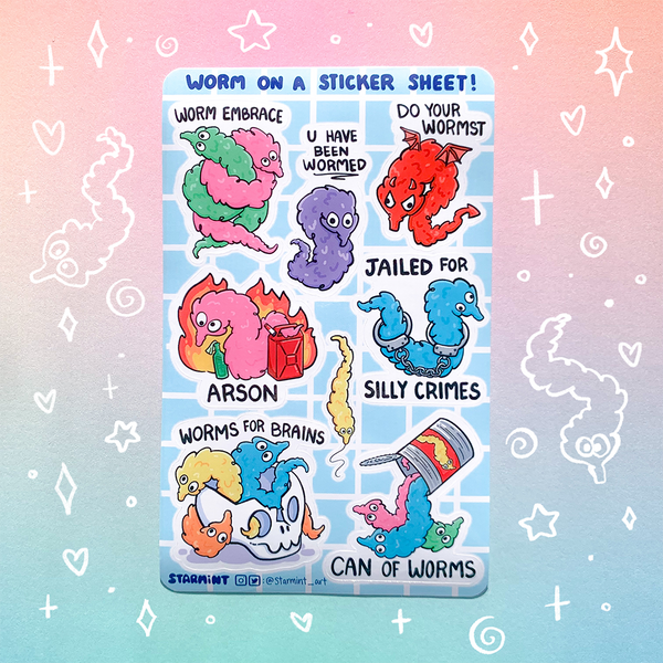 Worm on a String Waterproof Glossy/Holo Sticker Sheet
